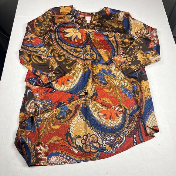 Chicos Asymmetrical Tunic Shirt Boho Colorful Long Sleeve Lace Up Top 3P XLP - Picture 1 of 11